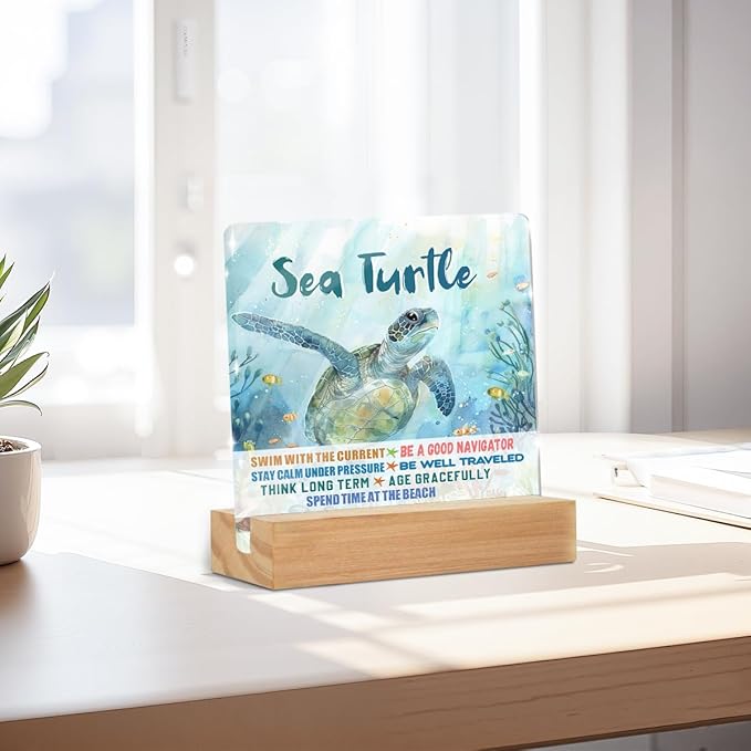Sea Turtle Decor Desk Acrylic Sign 4x4 inch, Turtle Gifts for Women Men Coworkers, Beach Decorations for Home Bedroom Bathroom, Motivational Gifts Table Cubicle Decor and Accessories