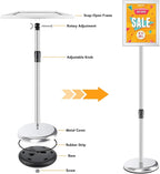 RedChili Adjustable Sign Holder Stand for 8.5x11 Inch Poster, Floor Standing Sign Holder With Snap-Open Aluminum Frame 360° Rotating Display Outdoor Indoor Signage Stand for Advertising (Silver, Sharp Corner)