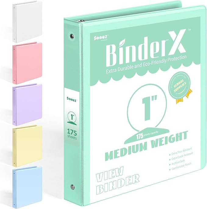 BinderX Extra Durable 3 Ring Binder, Round Ring 1 Inch Binders, Fits 175 Sheets of 8.5x11 Paper, Customizable View Cover with Inside Pockets, Cute 1" Binder, School Supplies for Girls, Green