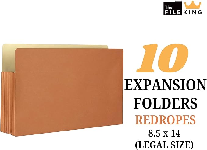 The File King Expanding Accordion File Folder - Legal Size | Box of 10 Redropes | 5.25” Expansion | Store and Organize Papers | Keep Records in One Place | Save Time Searching