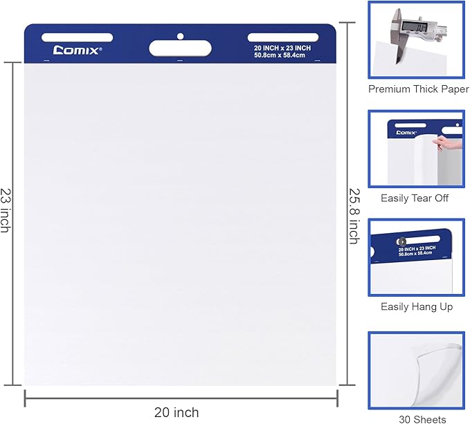 Comix Sticky Easel Pad, 20 x 23 Inches Flip Chart Paper for Teachers, Large Self Stick Easel Paper, 30 Sheets/Pad, 12 Pads/Pack
