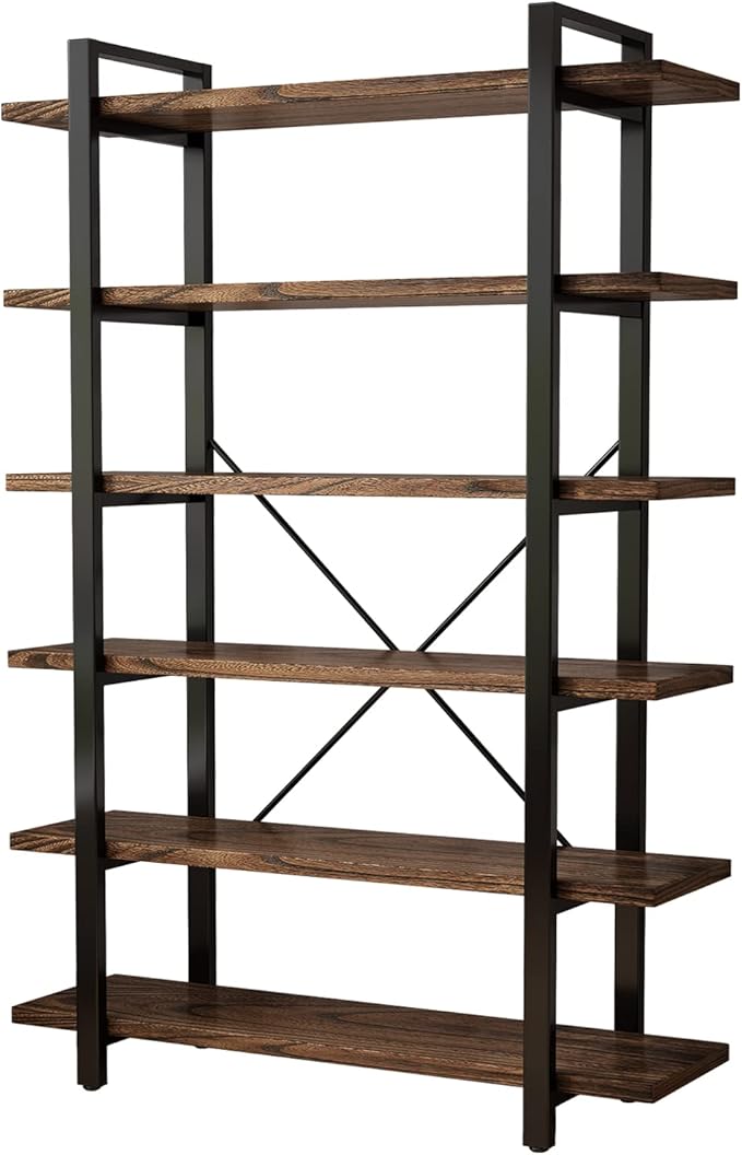 AY-AOYUAN Solid Wood Bookcase and Book Shelves Wood and Metal Shelving Unit 6 Tier Bookshelf Modern Rustic Open Bookshelf Office,Distressed Brown (AY-02-6Tier)