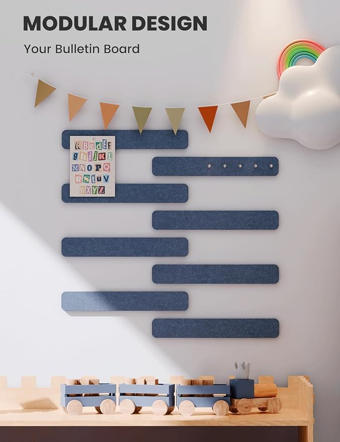 Fluxynara Cork Board Alternative Felt Strip Board 8-Pack 13"x2", Office Pin Board with 50 Push Pins, Adhesive Install for Bedroom Door & Home Office(Denim Blue)