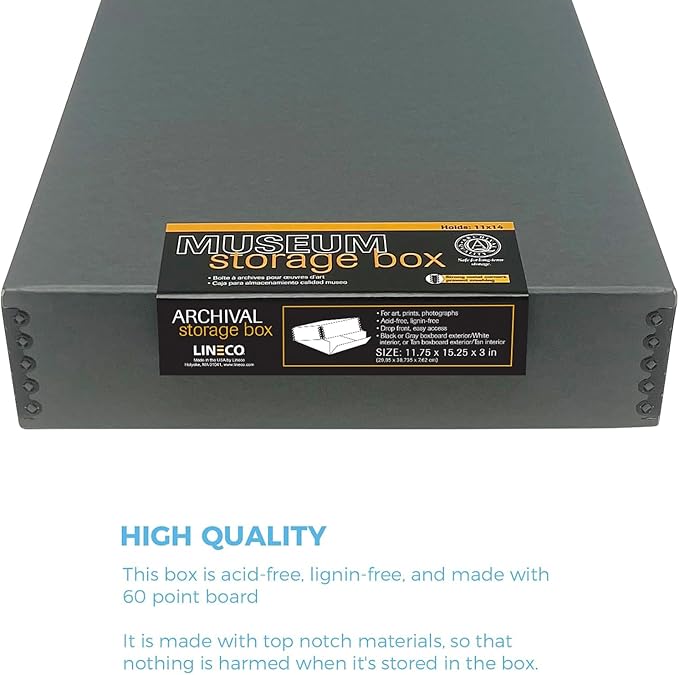 Lineco Museum Archival Storage Box, 11.75x15.25x3 in. Drop Front Design. Acid-Free with Metal Edge. Organize Photos, Pictures, Prints, Documents, Crafts, DIY. Gray, 2 Pack