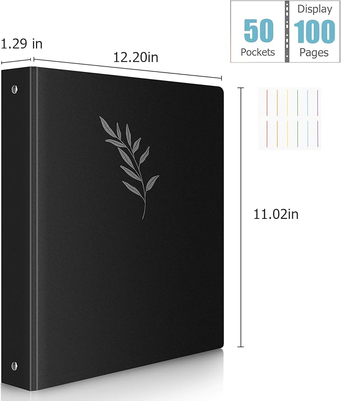 Uquelic 50-Pocket Binder with Plastic Sleeves for Letter/A4 Size(11" x 8.5"), Silver Leaf Printed Cover, Document Binder Organizer for Papers, Certificates and Artwork with Macaron PP Divider Pages