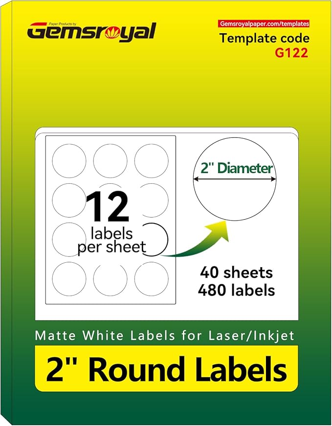 Gemsroyal 2 Inch Round Labels Printable,Matte White Printable Stickers,Circle Labels 2 inch for Printer,2" Blank Round Label Paper,40 Sheets,480 Circle Stickers,World Class Materials
