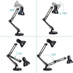 TORCHSTAR Metal Desk Lamp with Clamp, Swing Arm, Architect Adjustable Gooseneck Table Lamp, Clip Desk Lights for Home Office, Work, Study, Reading, E26 Base, Multi-Joint, Black