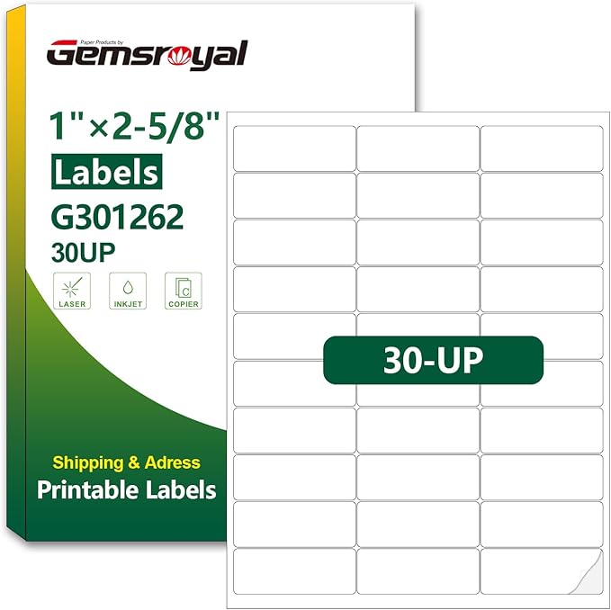Gemsroyal 1”×2-5/8" Address Labels Printable,1×2-5/8 inch Shipping Label Stickers for Laser/Inkjet Printer,Matte White Small Mailing Sticker Paper,40 Sheets,30-UP,1200 Blank Labels