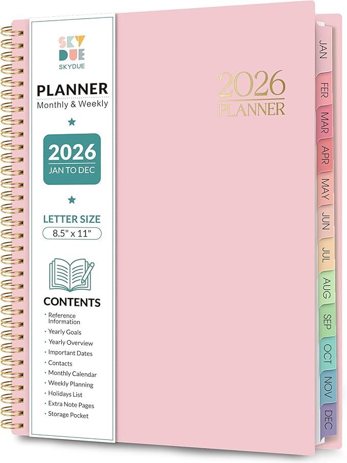 2026 Planner, Weekly and Monthly Planner, January 2026 - December 2026, 8.5" x 11" Agenda Planner with Monthly Tabs, Goal Setting & Time Management Organizer for Women, Light Pink