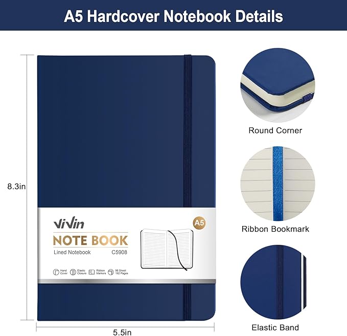 ViVin Lined Journal Notebooks for Work,192 Pages,Medium 5.5 x 8.3 inch,College Ruled,A5 Hardcover Journaling Notebooks for Work,3 Pack(Black,Navy Blue,Dark Dreen)