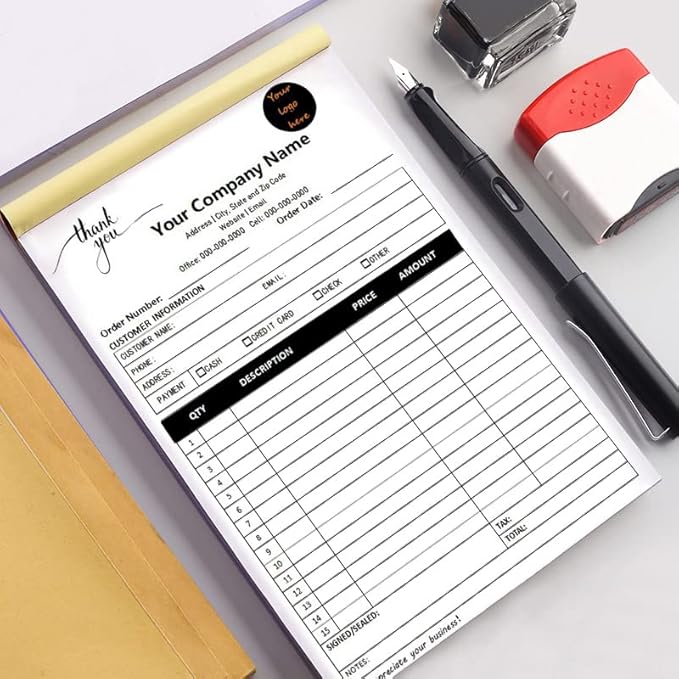 Custom Carbonless Sales Invoice Form Books for Small Business, Personalized NCR 3-Part Receipt Book with Carbon Copies, Cover Add Company Name, Address and Number Printed