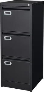 BYNSOE 3 Drawer File Cabinet with Lock Metal Vertical File Cabinet Office Home Narrow File Cabinet for A4 Legal/Letter Size,Assembly Required (Black, 3 Drawers-Vertical)