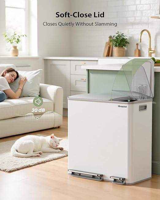 Dual Trash and Recycling Bins for Kitchen, 13.2 + 5.2 Gal (50+20L) Stainless Steel Trash and Recycle Bin Combo with Soft-Close Lid, Large Garbage Cans for Kitchen Home with 2 Magnets Sticker, White