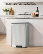 Lovewind 60 Liter/ 16 Gallon Stainless Steel Trash Can with Soft-Close Lid, Large Footstep Garbage Can with Roman Texture, Removable Inner Buckets, Recycling Bin for Kitchen Office, Silver