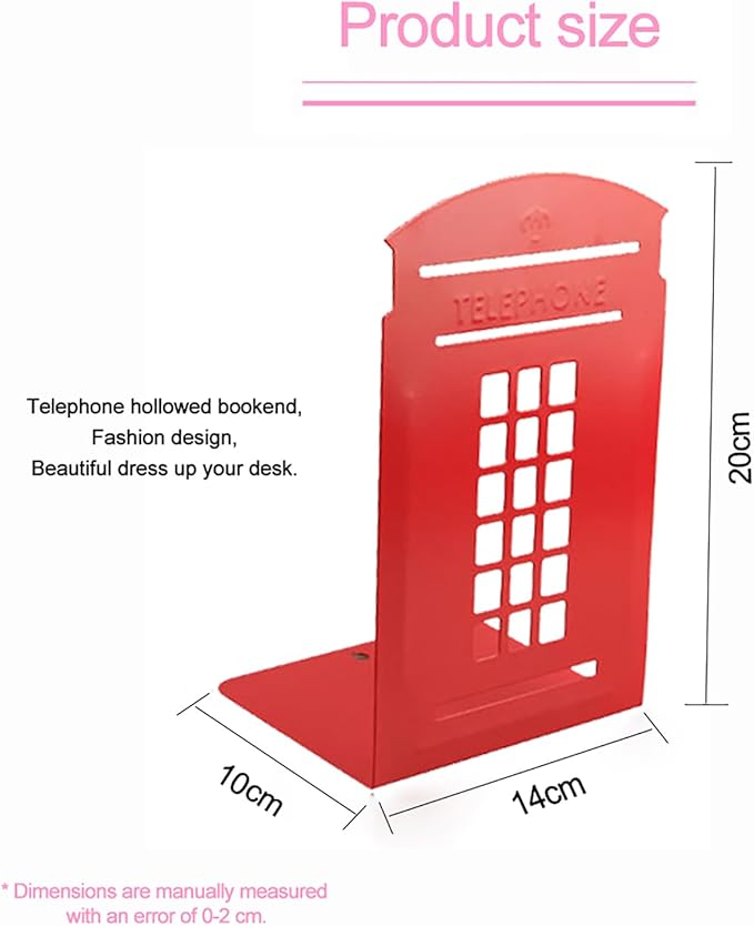 MerryNine 6 Pack Book Ends, Metal Bookends for Shelves, Telephone Booth Decorative Bookends, Non Skid Heavy Bookends, Book, Magazine or CD Organizers for Home and Office (Red-6pcs)