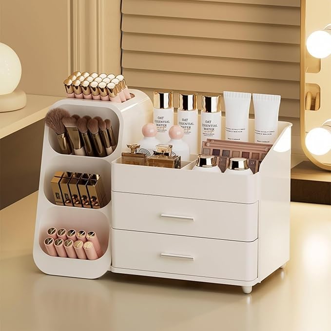 KQJS Makeup Organizer with Drawers,Large Capacity Countertop Organizer for Vanity,Bathroom and Bedroom Desk Cosmetics Organizer,Easy To Storage Skincare,Brushes,Lotions,Lipstick (All Cream)