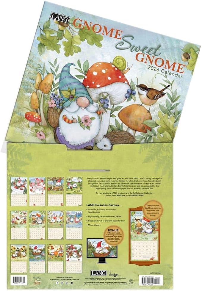 Lang Gnome Sweet Gnome 2026 Wall Calendar – 12-Month Calendar with Stapled Binding, Whimsical Gnome Artwork by Susan Winget, Linen-Embossed Paper, 13.4″ × 12″