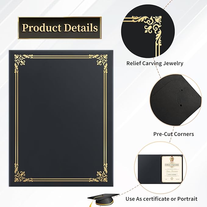 12 Packs Certificate Covers,Black Cardboard Diploma Cover,Certificate Holders Gold Foil Border,for Letter Size 8.5 x 11 Inch Awards and Certificates