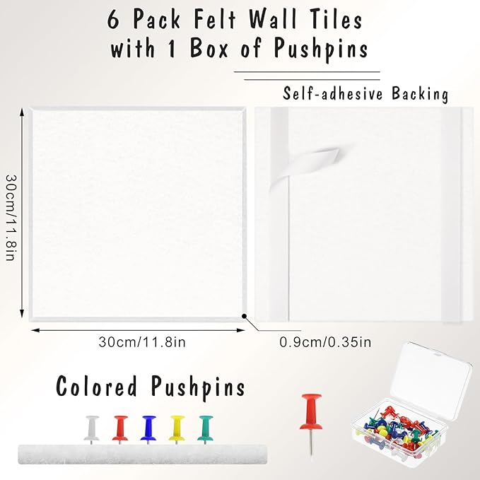 Thboxes Large Cork Board 36" x 24", 6 Pack Felt Wall Tiles with Colored Pushpins, Bulletin Board with Removable Self-Adhesive Strips, Pin Boards Cork Boards for Walls Office Home School-White