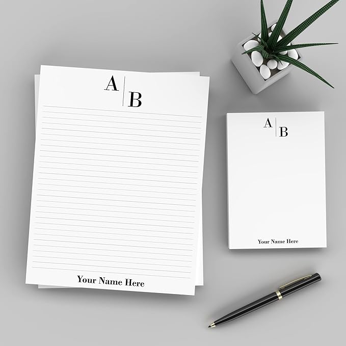 PrintPPS Personalized Monogram Notepads with your 2 Initials Diagonally - 2 Pack Gift Set of 8.5 x 11 @ 50 Sheets Per Pad - Optional Ruled Lines - Custom Stationery For To Do Checklists, and Gifts