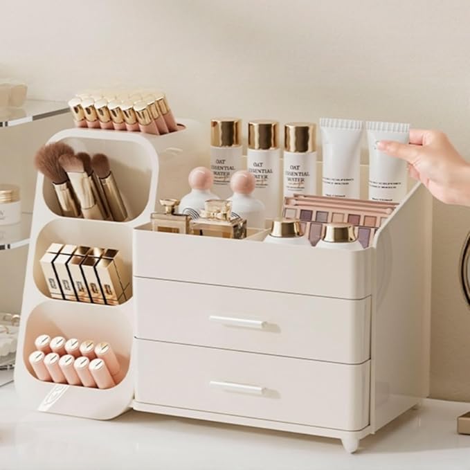 KQJS Makeup Organizer with Drawers,Large Capacity Countertop Organizer for Vanity,Bathroom and Bedroom Desk Cosmetics Organizer,Easy To Storage Skincare,Brushes,Lotions,Lipstick (All Cream)