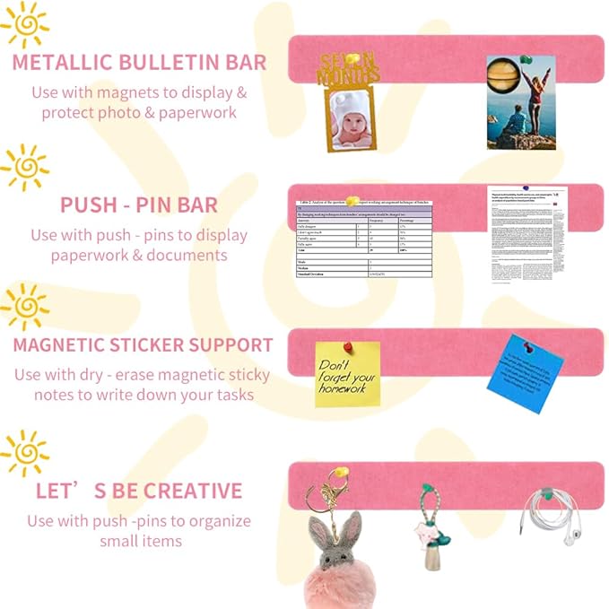 Vuzvuv 8 pcs Bulletin Board Bar Strips with 50 Pushpins & 10 Wooden Clip pins，Self Adhesive Cork Board for Wall，Felt Pin Board for School，Office Decor(Pink)