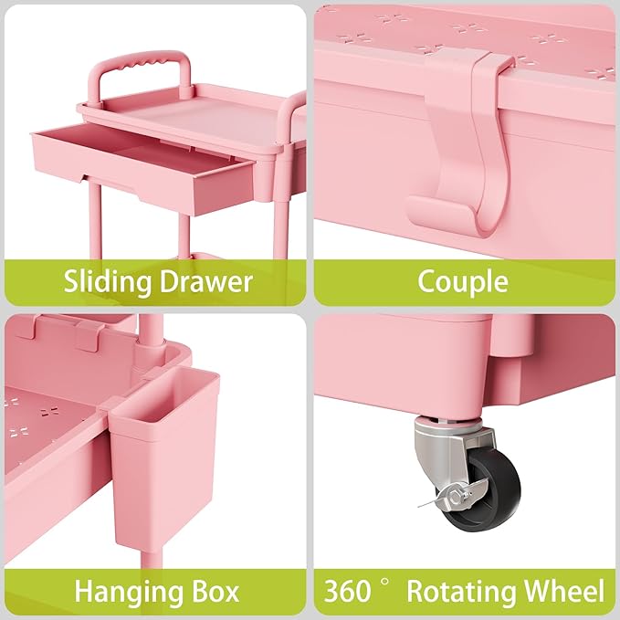 Sorgion 3 Tier Rolling Cart Organizer,Laundry Room Bathroom Organizers and Storage Office Shelves Mobile Shelving Unit Kitchen Trolley Cart with Wheels for Art,Craft,Diaper,Bedside,Snack(Pink)