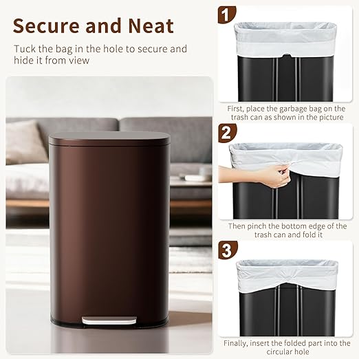 PayLessHere Stainless Steel Trash Can with Lid - Removable Inner Bucket, Foot Pedal Soft Close for Office, Home, Kitchen Garbage Bin (Brown, 13 G)