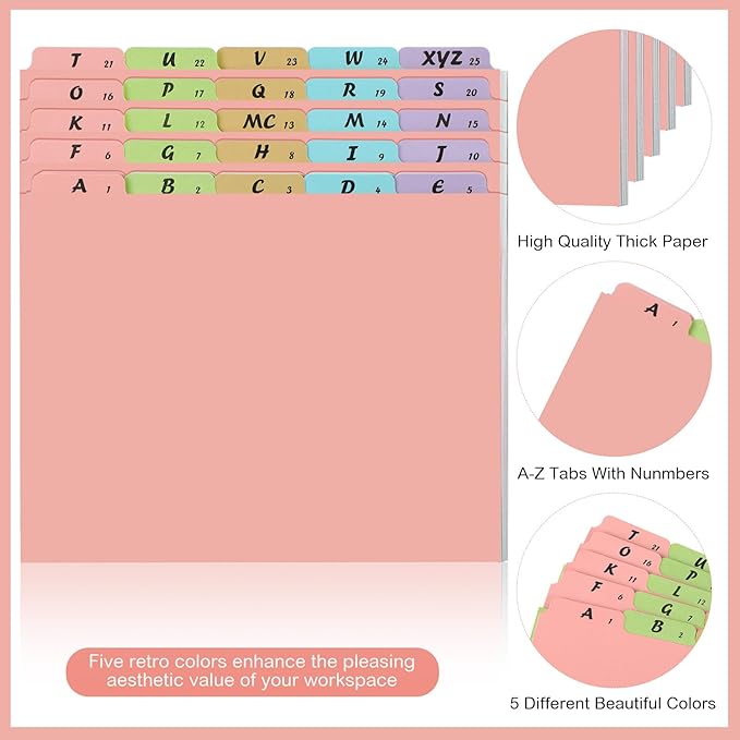 Noveread 1 Set 25 Alphabet File Dividers A-Z Tab Letter Size 1/5 Cut Tab Positions Alphabetical Number File Folder Organizer Guides Cabinet and Desk Dividers for School Office(Simple Color)