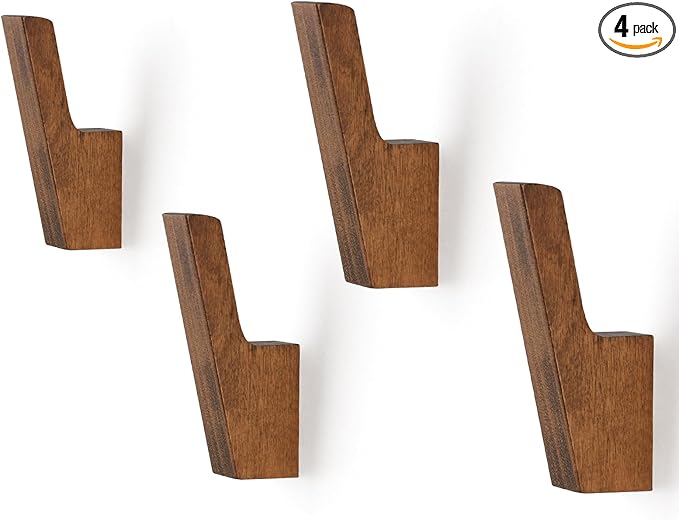 VIS'V Walnut Wall Hooks, Wall Mount Wooden Coat Hooks for Entryway Cubicle, Brown, 4 Pcs