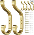 Gold Wall Hooks for Hanging Coats: Metal Mount - Large Heavy Duty (30 Lb) - Screw In - Mudroom for Clothes, Backpack, Purse, Bathroom Towel, 6 Pack
