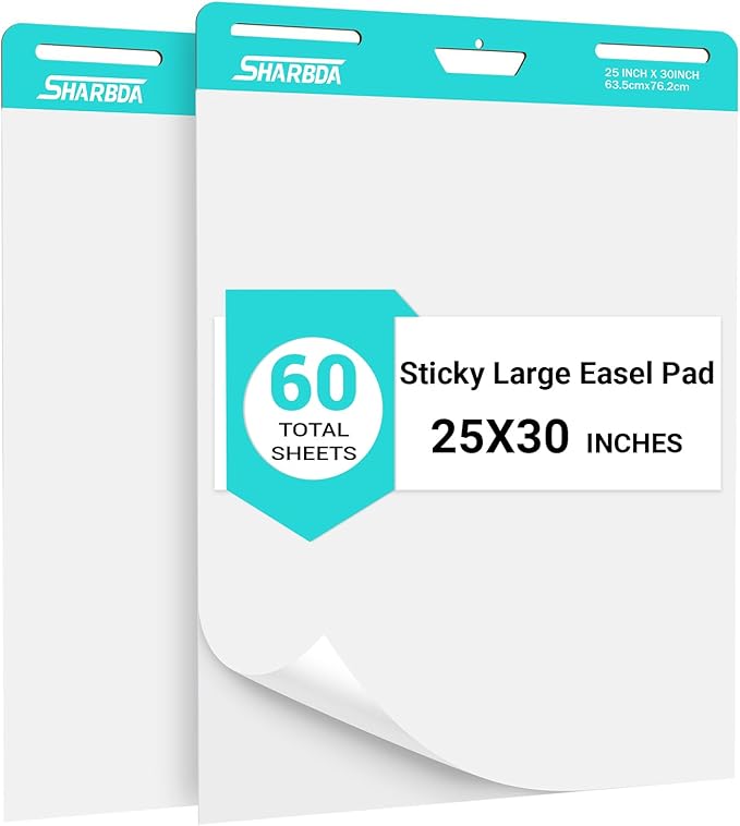 SHARBDA Sticky Easel Pad, 25 in x 30 in,Flip Chart Paper,Sticky Chart Paper for Teachers, Large Self-Stick Easel Paper,Super Sticky & Bleed-Resistant,30 Sheets/Pad,2 Pads