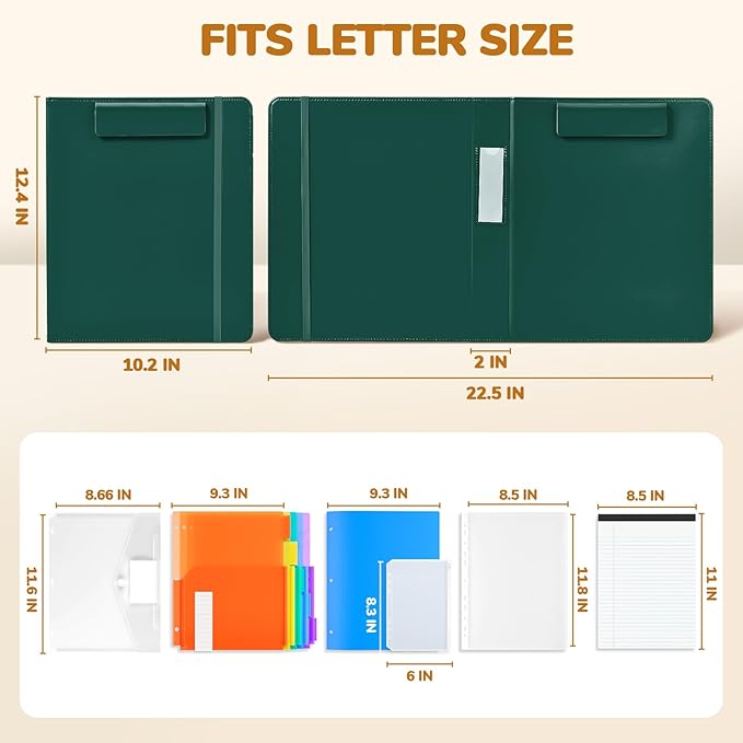 JoyCat 3 Ring Binder Clipboard with Storage,12.4"x10.2"Magnetic Clipboard Folder with 5 Expandable Folders,Refillable Lined Notepad (11" x 8.5"),Ideal for School Office Nursing(Dark Green)