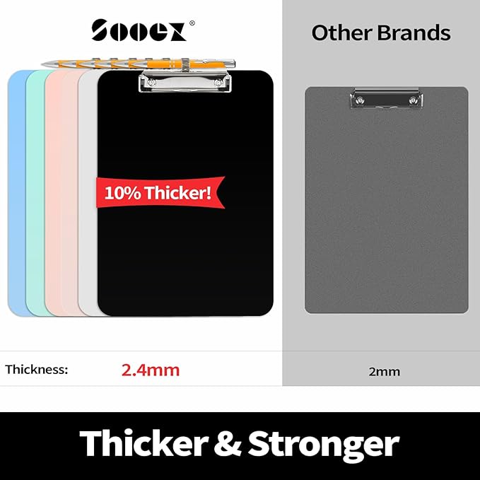 Sooez Plastic Clipboard with Pen Holder, [10% Thicker] Clip Boards 8.5x11 with Low Profile Clip, Cute Hanging Clipboard, Standard Letter Size A4 for Women Teacher, Office & School Supplies, Black