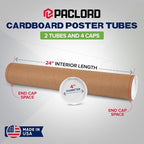 4" x 24" Reinforced Kraft Paper Mailing Tubes, Pack of 2 Tubes with 2 Caps Each – USPS Approved Poster Tube – Made in USA Cardboard Tube for Shipping and Storing Posters, Prints, Artwork, or Documents