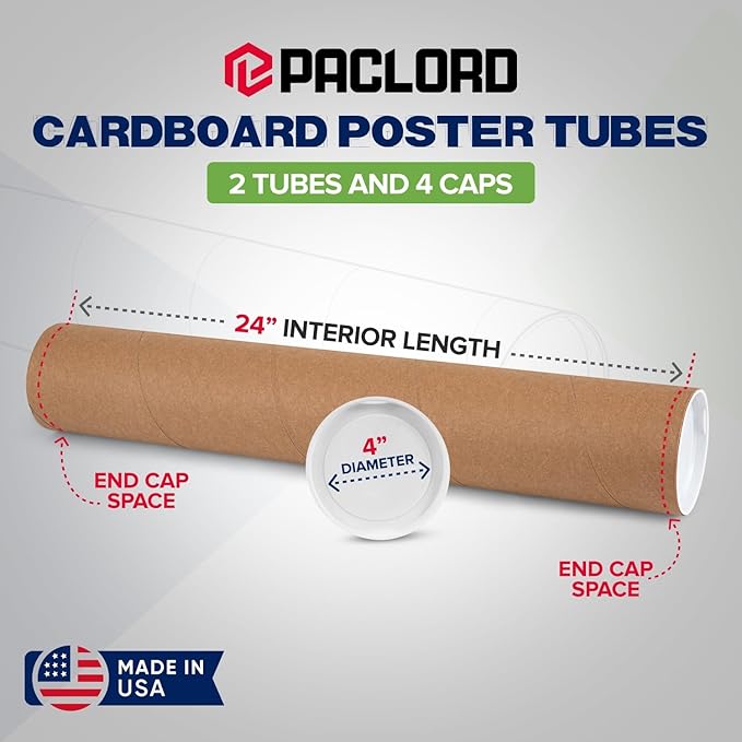 4" x 24" Reinforced Kraft Paper Mailing Tubes, Pack of 2 Tubes with 2 Caps Each – USPS Approved Poster Tube – Made in USA Cardboard Tube for Shipping and Storing Posters, Prints, Artwork, or Documents