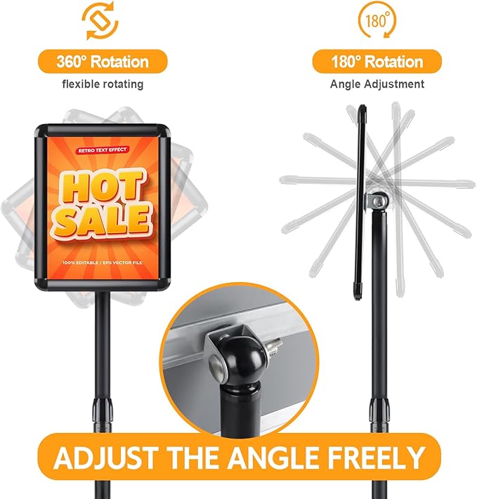 RedChili 2 Pack Sign Holder Stand 8.5x11 Inch, Adjustable Floor Standing Sign Holder Signage Stand with Aluminum Snap-Open Frame Vertical Horizontal View Display For Malls Schools Restaurants (Black, Round Corner)
