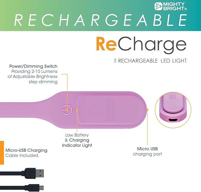 Mighty Bright The Original Recharge Clip On – USB Rechargeable Book Light – Warm LED Reading Lamp – Flexible, Dimmable, Lasts Up to 60 Hours a Charge (Lavender)