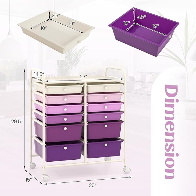 Happygrill 12-Drawer Rolling Storage Cart, Multipurpose Storage Cart W/Lockable Wheels, 2 Sizes Plastic Drawers & Metal Shelf, Mobile Utility Cart for Home Office School (Purple Gradient)