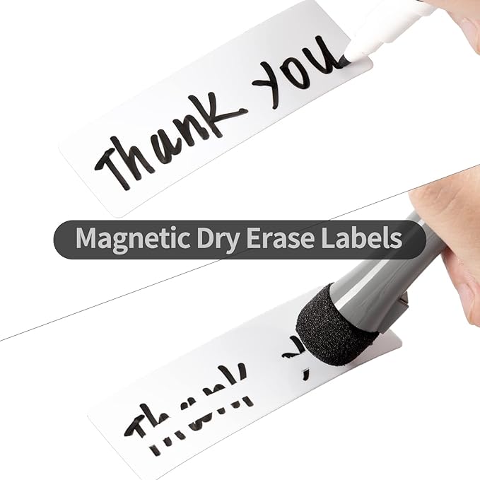 OQUYDEA 40-Pack Dry Erase Magnetic Labels - Waterproof, Eco-Friendly, Reusable Name Tags for Classroom, Office, Cabinet, Whiteboard, Fridge & More (White, 1x3 inches)…