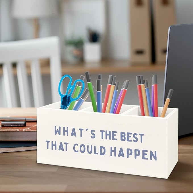 URLLUAE What's the Best That Could Happen Inspirational Wooden Pen Pencil Holder for Office Desk Accessories, Motivational Desk Decor, Retro Blue Makeup Brush Toothbrush Holder Organizer