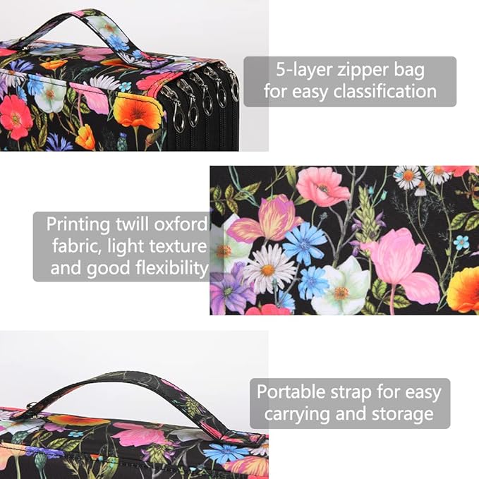 Vomgomfom Colored Pencil Case - 252 Slot Pencil Holder with Zipper Closure, Twill Fabric Large Capacity Case for Watercolor Pens or Markers, Organizer for Artists (Black Flower)