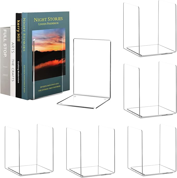 HappyHapi Acrylic Bookends for Shelves, 12 Pcs Clear Book Ends for Heavy Books, Decorative Book Holder for Home Library Office, 5 x 5 x 7.3 inch，6 Pair