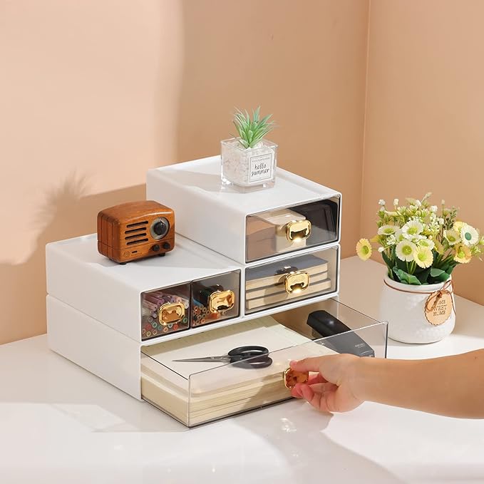 OSteed Spacious Desktop Storage Box, 1 Large 1 Middle & 2 Small Storage Drawers, Stackable Office Desk Drawer Organizer and Accessories, Printer Paper Organizer, White Plastic Drawers for Workspace