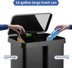 ComfyCorner 16 Gallon Dual Compartment Trash Can, Hands-Free Recycling Rectangular Garbage Bin, Stainless Steel Step-On Dustbin with Soft-Close Lid, Removable Inner Buckets, for Kitchen Home