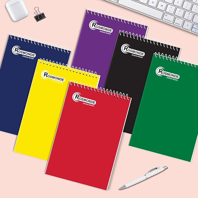 Rosmonde Steno Pads Spiral 6x9 24 Pack, Gregg Ruled Steno Pad, Assorted Colors, 80 Sheets (160 Pages), Bulk B2B Value Pack, Long Lasting, Bulk Steno Notebooks Top Spiral Steno Book for Office & Home