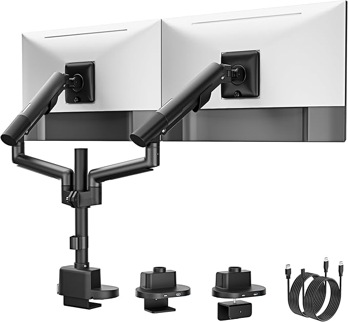 monTEK Dual Monitor Stand Mount with USB for Up to 35" Screens,Tall Post Mounted Monitor Arm Holds Max 24.25lbs Per Screen, Full Motion Adjustable Monitor Arm Desk Mount with C-Clamp/Grommet