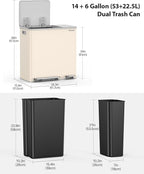 Lovewind Dual Trash Can, 14 + 6 Gallon Garbage Can for Kitchen Dual Compartment Recycling Kitchen Step Trash Bin, Stainless Steel Trash and Recycle Bin Combo with Soft-Close Lid, Apricot