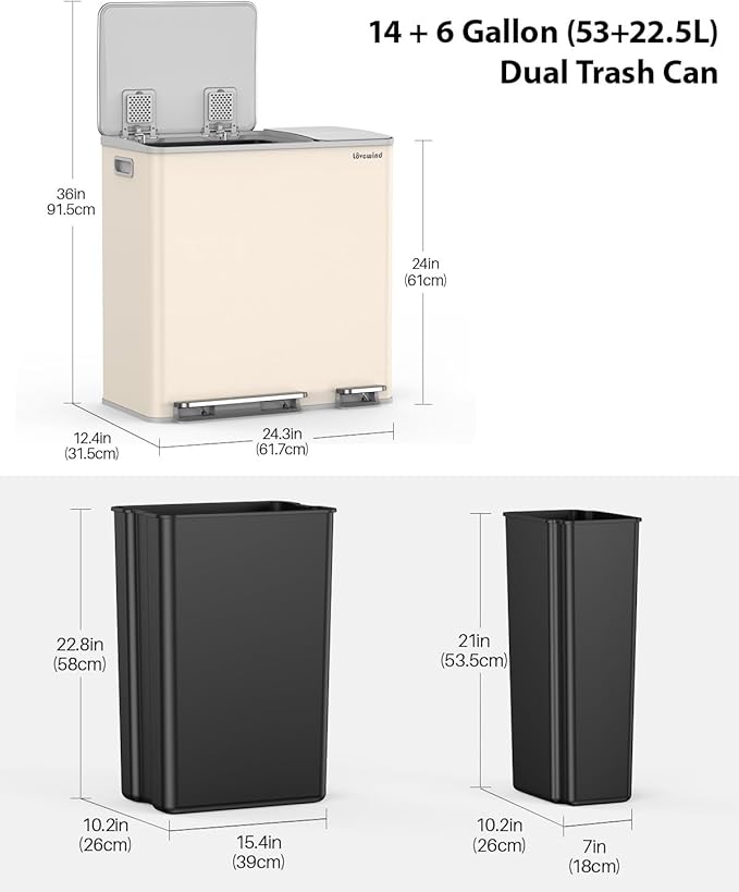 Lovewind Dual Trash Can, 14 + 6 Gallon Garbage Can for Kitchen Dual Compartment Recycling Kitchen Step Trash Bin, Stainless Steel Trash and Recycle Bin Combo with Soft-Close Lid, Apricot