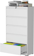 mysteeldepot 5 Drawer Lateral File Cabinet with Lock, Metal File Cabinet, Lateral File Cabinets for Home Office, Heavy Duty File Storage Cabinet for Legal/Letter/A4 Document, Assembly Required, White